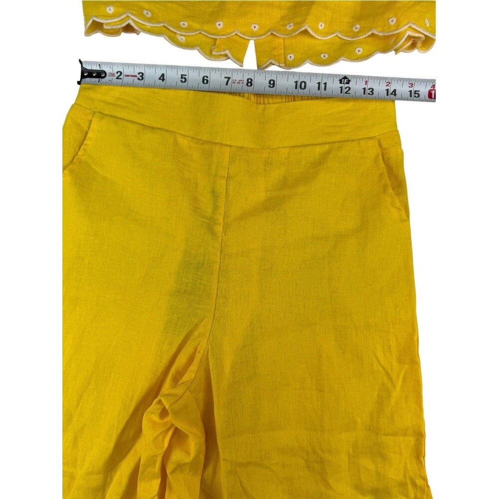 Christian Siriano Yellow Linen Embroidered Eyelet 2 Piece Crop Top Pants Set M - Picture 11 of 12